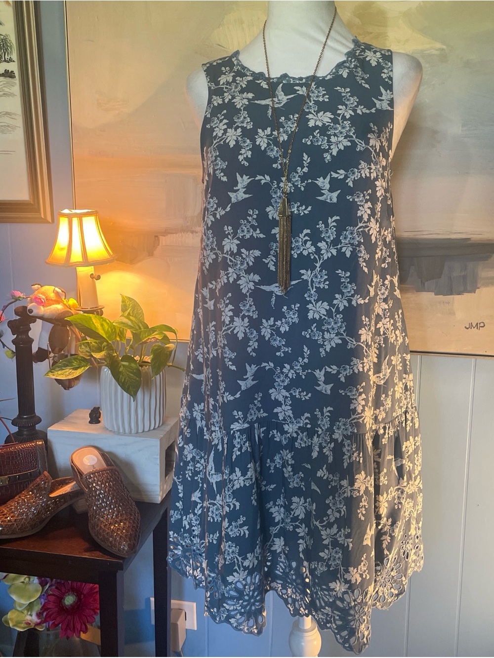 LOFT Navy and White Floral Sleeveless Tiered Midi Dress